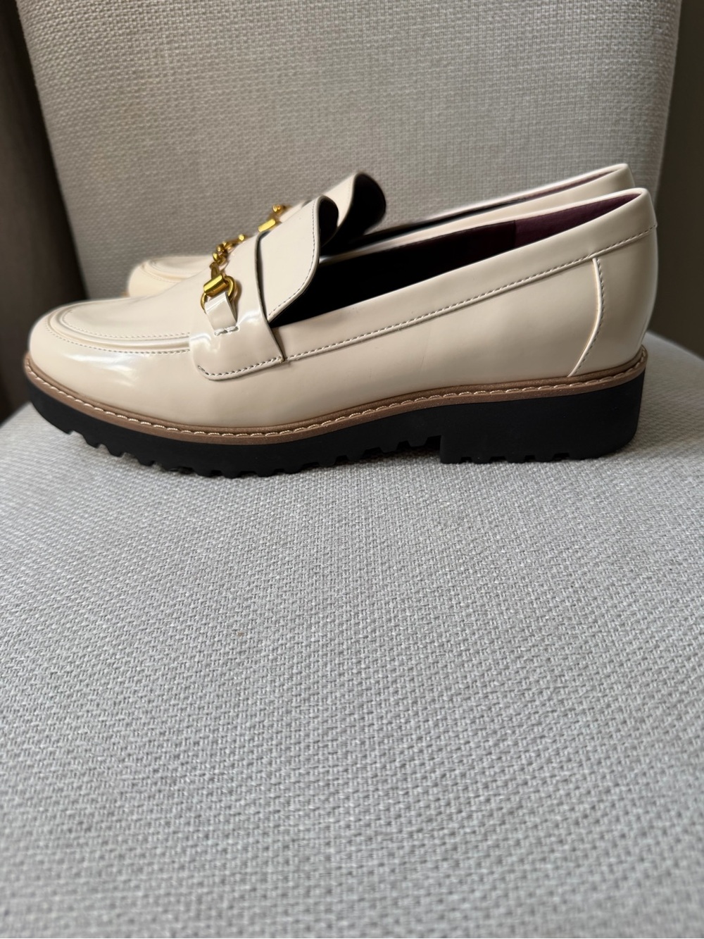Franco Sarto Cream Patent Loafers with Gold Bit and chunky style soles - Picture 3 of 7